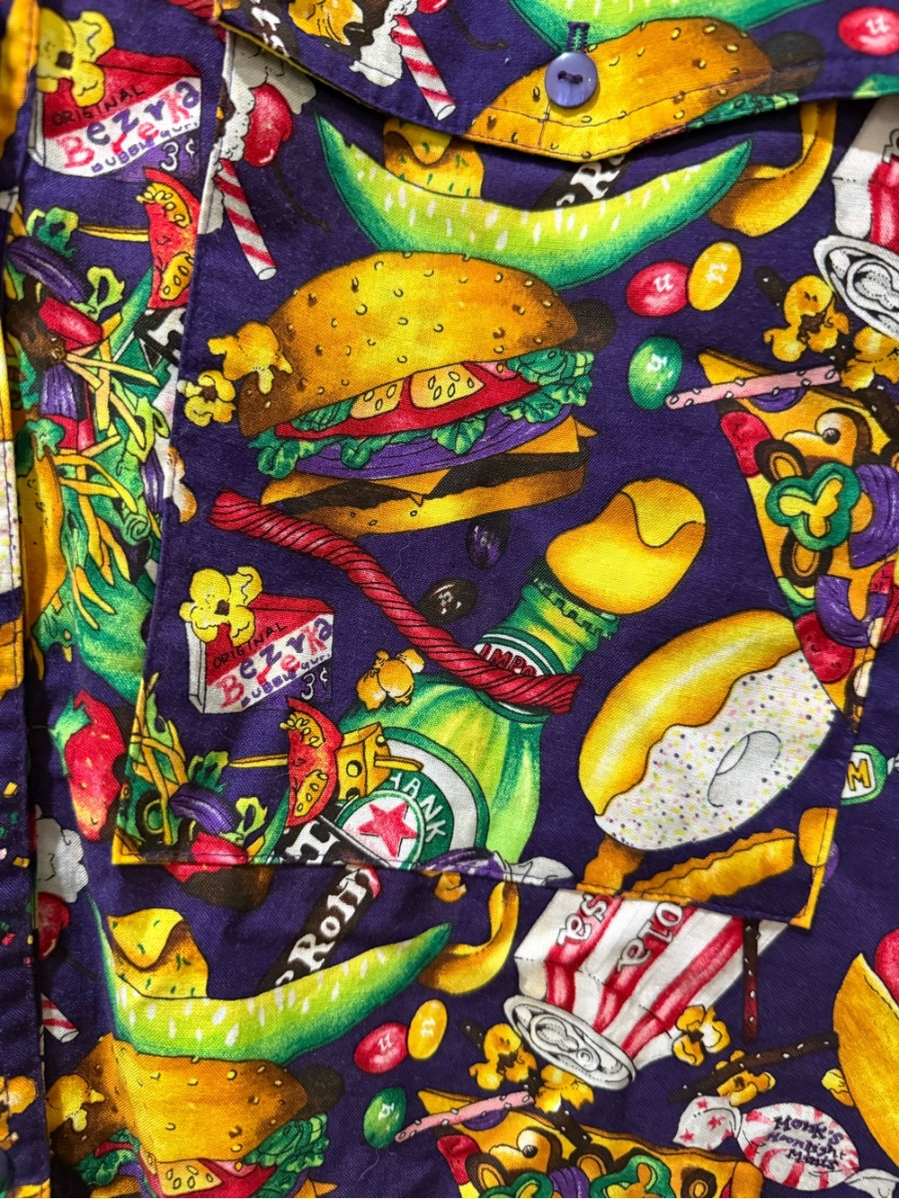 Unisex 90s Vintage Multicolored Junk Food Print Button Up Long Sleeve Shirt, 2XL